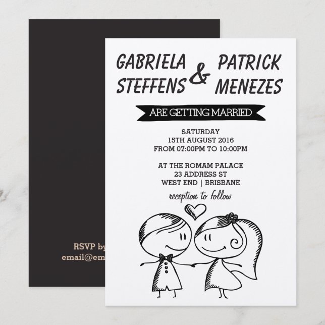 Invitación a matrimonio de parejas de Doodle rústi (Anverso / Reverso)