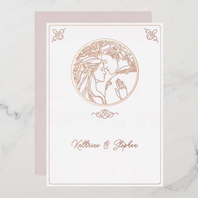 Invitación a matrimonio de parejas de línea de Rel (Anverso/Reverso)