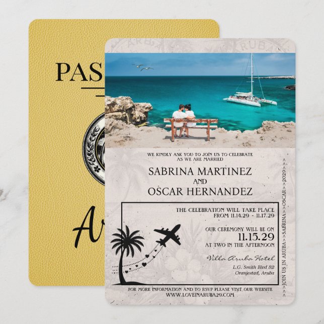Invitación a matrimonio de pasaporte amarillo de A (Anverso / Reverso)