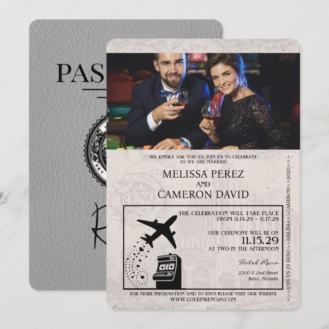 Invitación a matrimonio de pasaporte de Grey Reno (Anverso / Reverso)