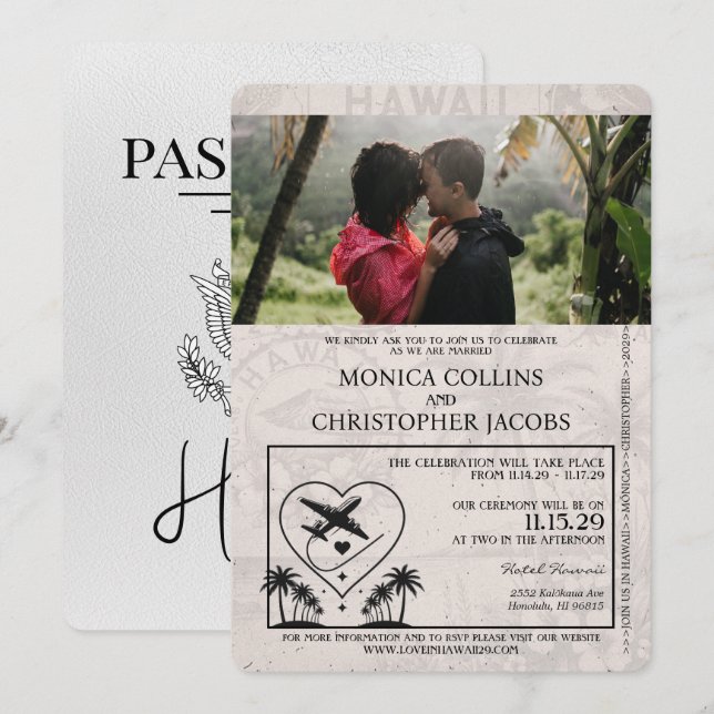 Invitación a matrimonio de pasaporte de Hawái blan (Anverso / Reverso)