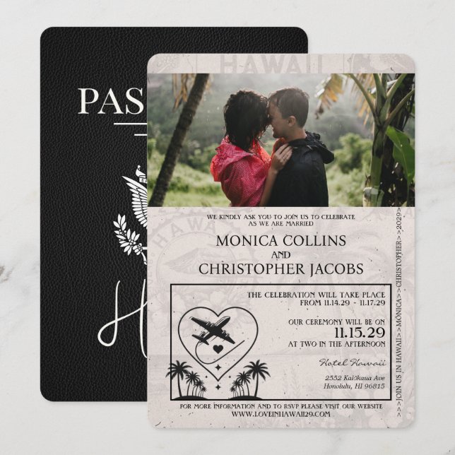 Invitación a matrimonio de pasaporte de Hawái negr (Anverso / Reverso)