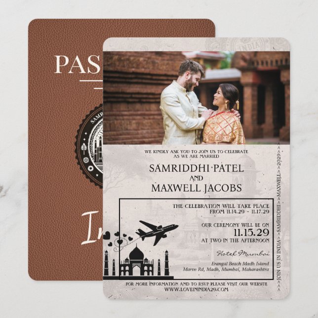 Invitación a matrimonio de pasaporte de India marr (Anverso / Reverso)