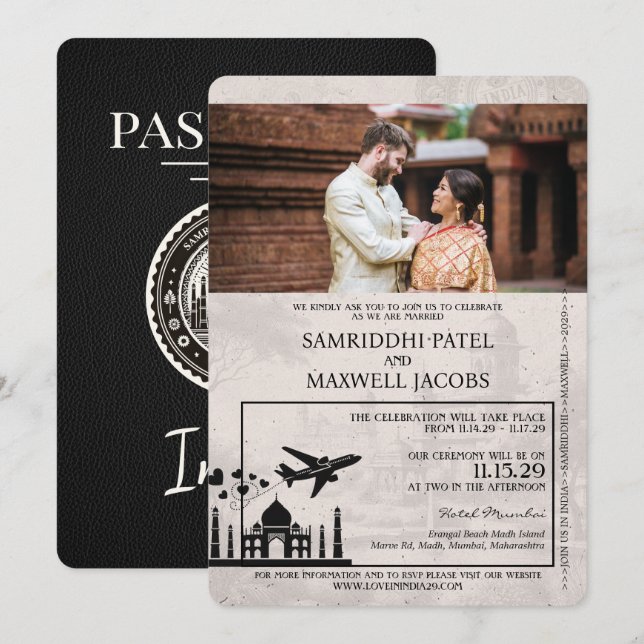 Invitación a matrimonio de pasaporte de India negr (Anverso / Reverso)