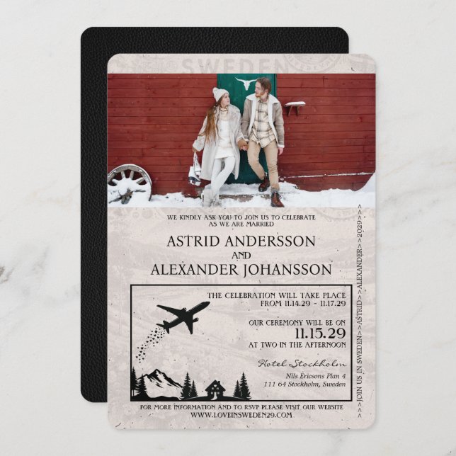 Invitación a matrimonio de pasaporte de Suecia neg