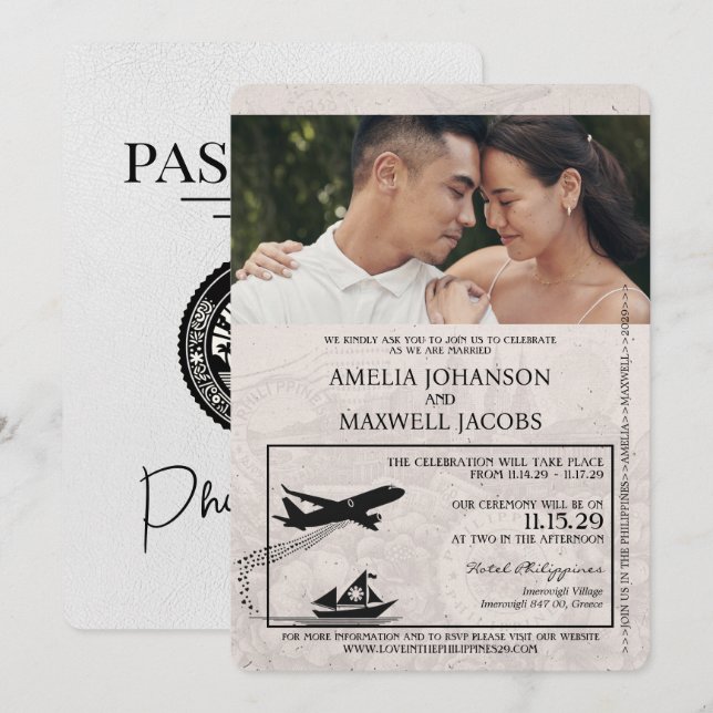 Invitación a matrimonio de pasaporte filipino blan (Anverso / Reverso)