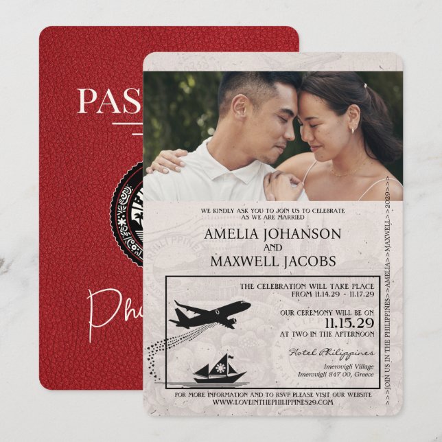 Invitación a matrimonio de pasaporte filipino rojo (Anverso / Reverso)