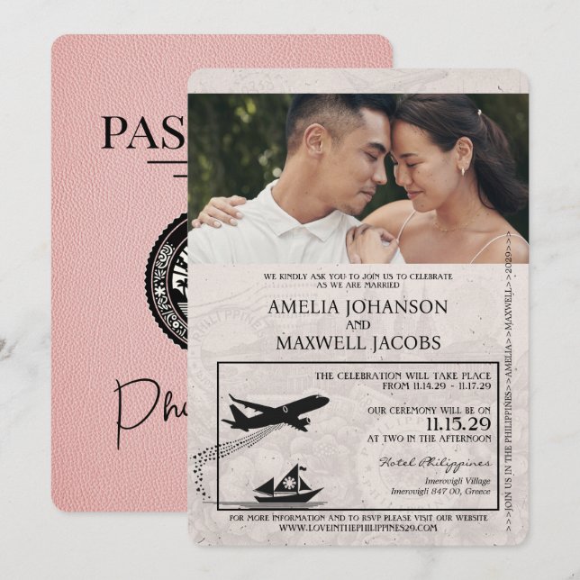 Invitación a matrimonio de pasaporte filipino rosa (Anverso / Reverso)