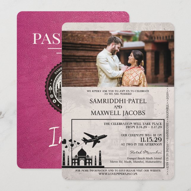 Invitación a matrimonio de pasaporte indio rosa ma (Anverso / Reverso)