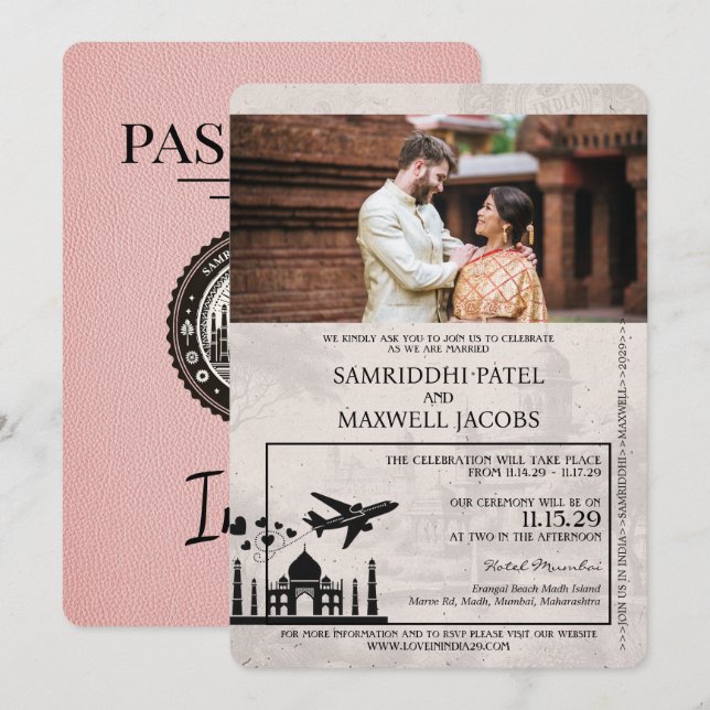 Invitación a matrimonio de pasaporte indio rosado (Anverso / Reverso)