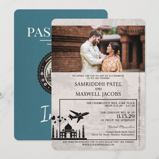 Invitación a matrimonio de pasaporte indio verde a (Anverso / Reverso)