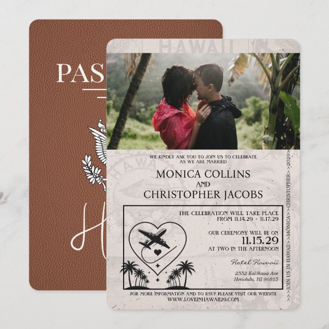 Invitación a matrimonio de pasaporte marrón hawaia (Anverso / Reverso)