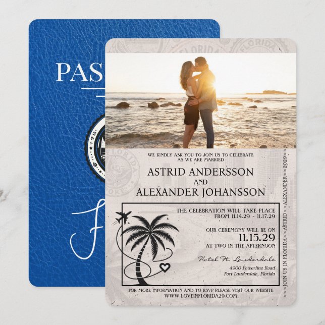 Invitación a matrimonio de pasaporte Royal Blue Fl (Anverso / Reverso)