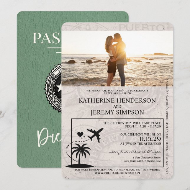 Invitación a matrimonio de pasaporte Sage Green Pu (Anverso / Reverso)