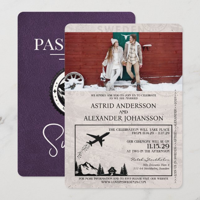 Invitación a matrimonio de pasaporte violeta púrpu (Anverso / Reverso)