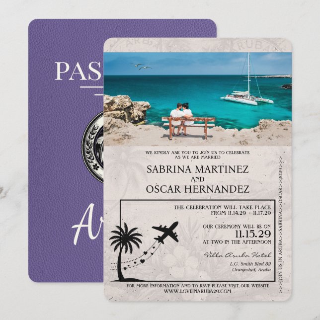Invitación a matrimonio de pasaportes Lilac Purple (Anverso / Reverso)