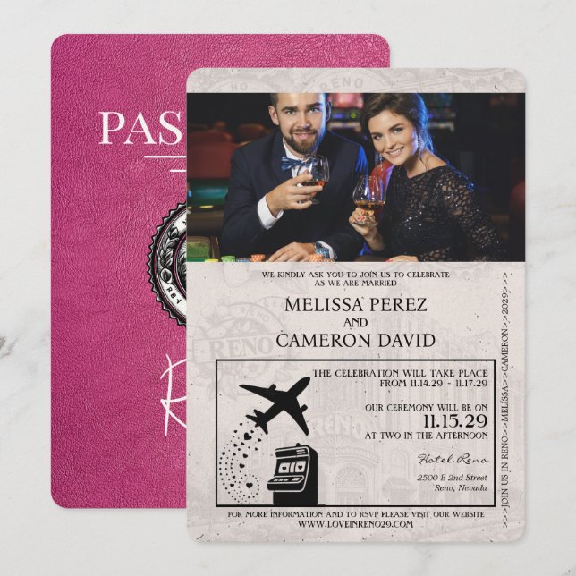 Invitación a matrimonio de pasaportes Magenta Pink (Anverso / Reverso)