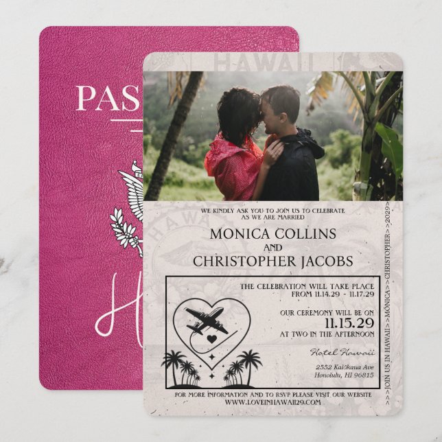 Invitación a matrimonio de pasaportes Magenta Pink (Anverso / Reverso)