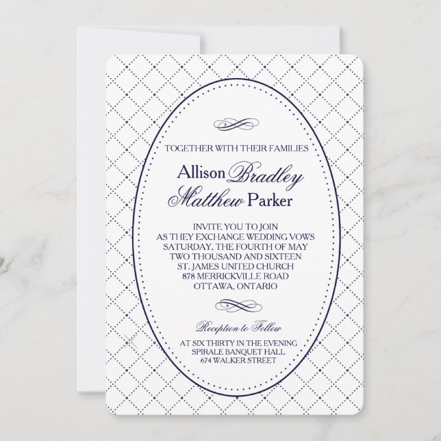 Invitación a matrimonio de patrón de cheque azul d (Anverso)