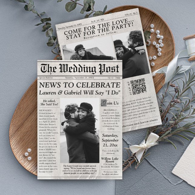 Invitación a matrimonio de periódico moderno con f (Modern trendy The Wedding Post newspaper 3 photo all-in-one wedding invitation QR code RSVP website )