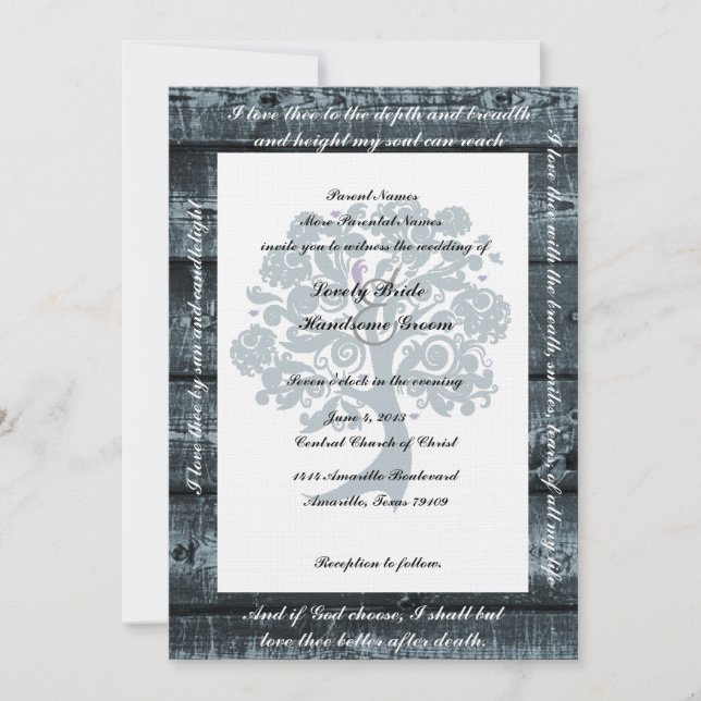 Invitación a matrimonio de poesía en madera azul d (Anverso)