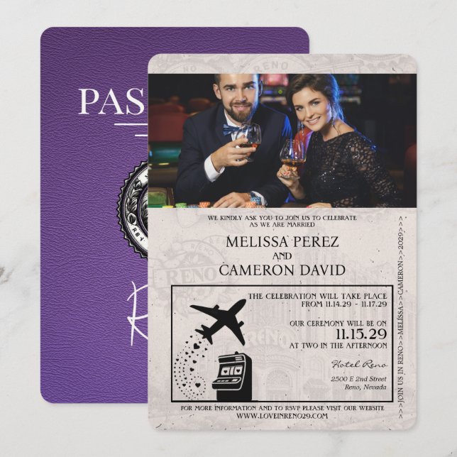 Invitación a matrimonio de Púrpura Reno Passport (Anverso / Reverso)