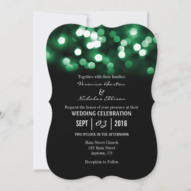 Invitación a matrimonio de Purpurina verde negro d (Anverso)