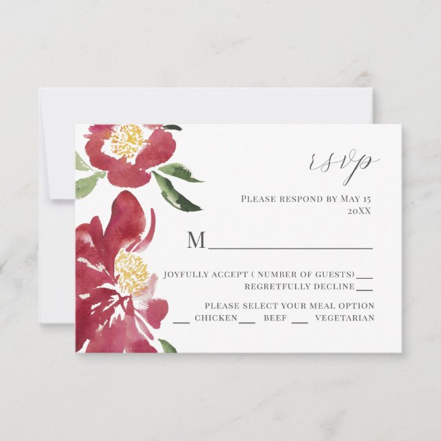 Invitación a matrimonio de Red Watercolor Peonies  (Anverso)