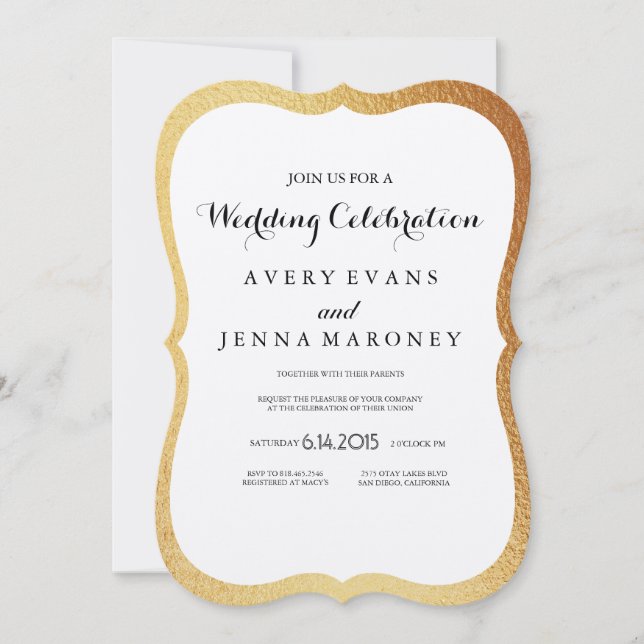 Invitación a matrimonio de Relieve metalizado dora (Anverso)