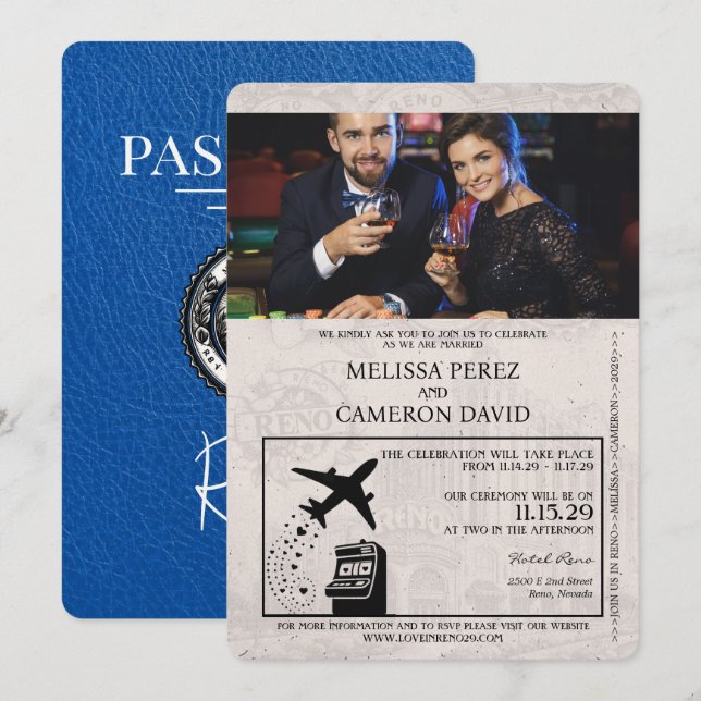 Invitación a matrimonio de Royal Blue Reno Passpor (Anverso / Reverso)