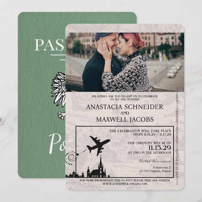Invitación a matrimonio de Sage Green Poland Passp (Anverso / Reverso)