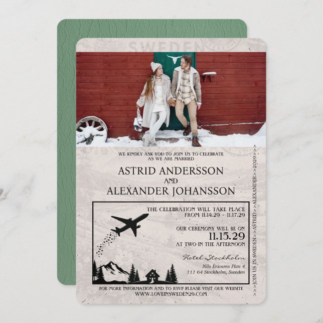 Invitación a matrimonio de Sage Green Suecia Passp (Anverso / Reverso)