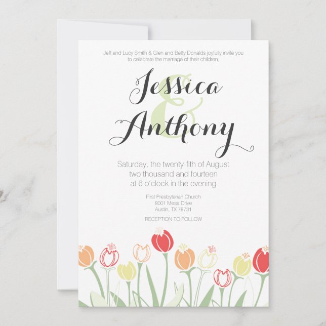 Invitación a matrimonio de tulipanes| Colores bril (Anverso)