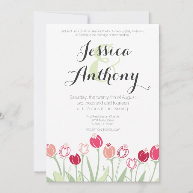 Invitación a matrimonio de tulipanes| Colores rojo (Anverso)