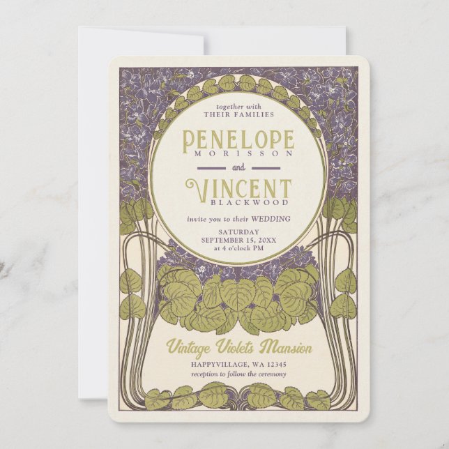 Invitación a matrimonio de violetas de época (Anverso)