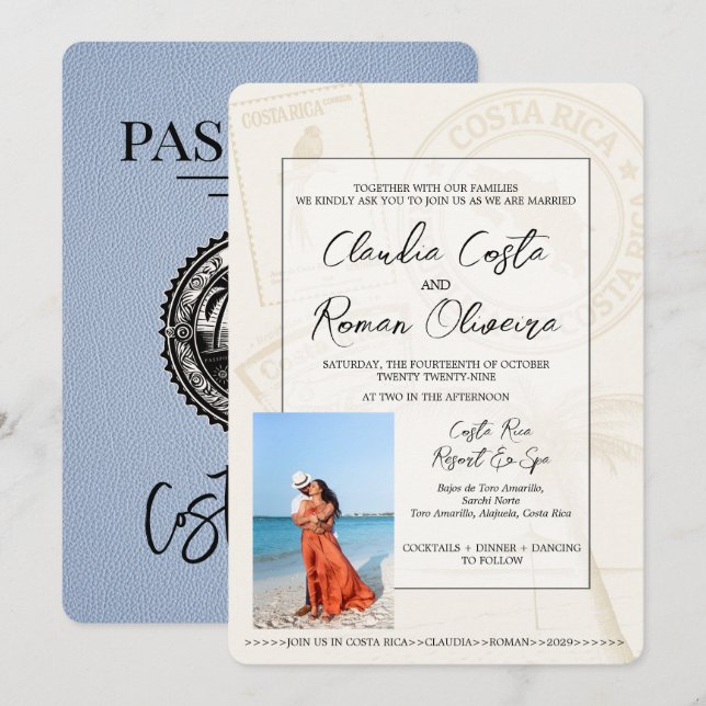 Invitación a matrimonio Dusty Blue Costa Rica Pass (Anverso / Reverso)
