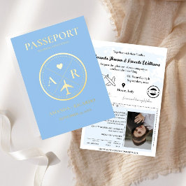 Invitación a matrimonio Dusty Blue & Gold Passport