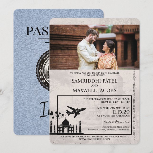 Invitación a matrimonio Dusty Blue India Passport (Anverso / Reverso)