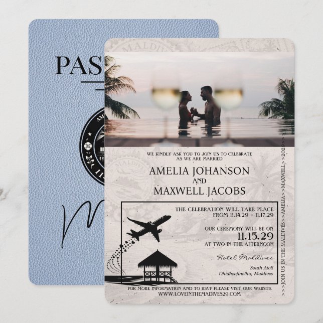 Invitación a matrimonio Dusty Blue Maldives (Anverso / Reverso)