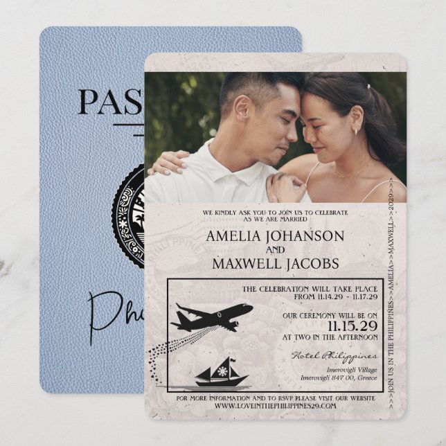Invitación a matrimonio Dusty Blue Philippines (Anverso / Reverso)