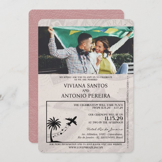 Invitación a matrimonio Dusty Rosa Brasil Passport (Anverso / Reverso)