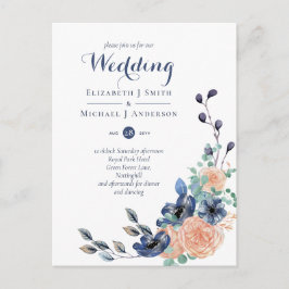 Invitación a matrimonio floral de coral azul de la