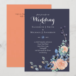Invitación a matrimonio floral de coral azul de la