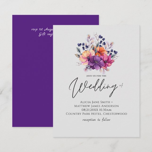 Invitación a matrimonio floral de Naranja púrpura  (Anverso / Reverso)