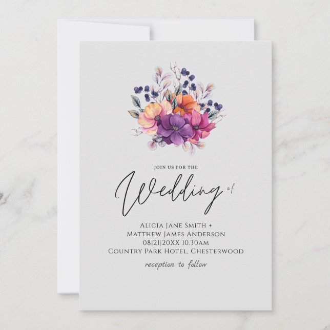 Invitación a matrimonio floral de Naranja púrpura  (Anverso)