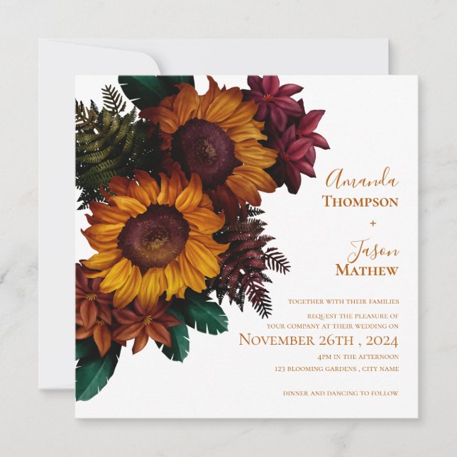 Invitación a matrimonio floral de Naranja quemado  (Anverso)