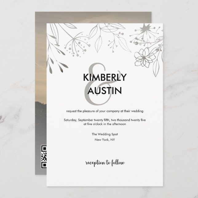 Invitación a matrimonio floral de QR Code Silver (Anverso / Reverso)