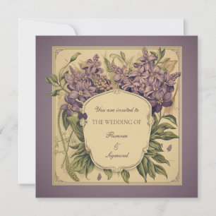 Invitación a matrimonio floral de violetas púrpura