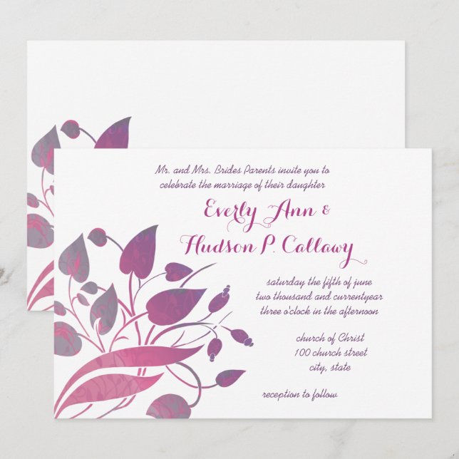 Invitación a matrimonio floral morado de Crepúscul (Anverso / Reverso)