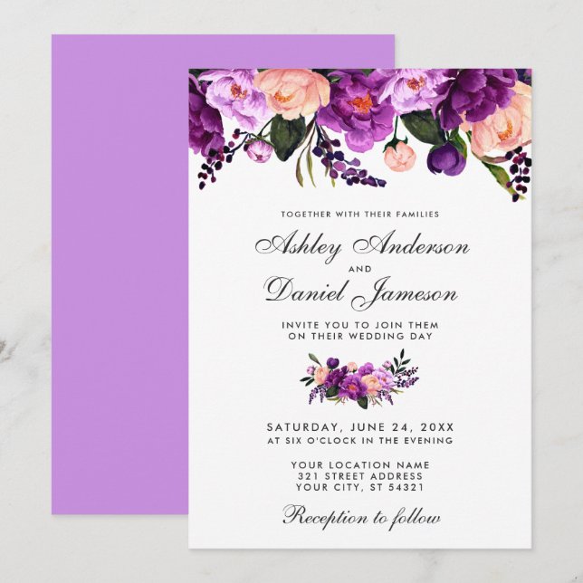 Invitación a matrimonio floral púrpura ultraviolet (Anverso / Reverso)